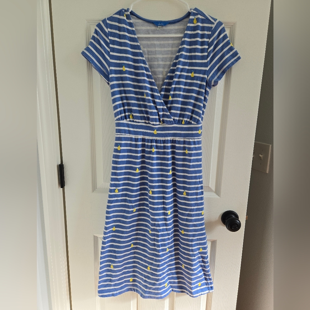Joules Sz. 4 Blue and White Striped Midi Dress, V Neck, Washable, Pears, Summer